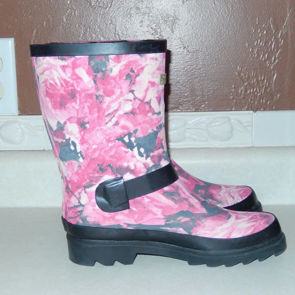 BearPaw Rain Boots Charlie Pink Gray Black Rubber Pull On Strap Buckle 6